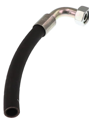 The AGCO Tube - Acw007088A is a black, flexible rubber hose equipped with a silver metallic elbow fitting and a hex nut connector at one end.