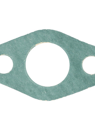 Close-up of the AGCO Oval Gasket - F395200210110: a green, oval gasket with three holes—one large hole in the center and two smaller holes on the sides.