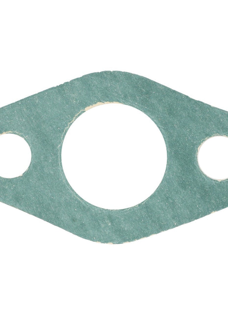 Close-up of the AGCO Oval Gasket - F395200210110: a green, oval gasket with three holes—one large hole in the center and two smaller holes on the sides.