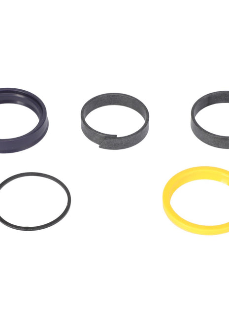 The AGCO Gasket Kit - 0.009.4325.2 features five distinct rings and seals, including a black ring, two split gray rings, a solid yellow ring, and a dark blue ring, all displayed on a white background. If you have any questions or need help with ordering, our support team is ready to assist you.