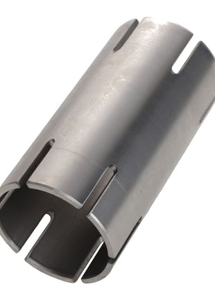 Introducing the AGCO Bearing Sleeve - Acx2810160, a metallic cylindrical component featuring symmetrical vertical slots precisely cut into its sides, showcasing both form and function.