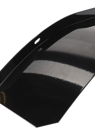 Introducing the AGCO | DEFLECTOR - D49060035, a durable black metal snow thrower extension cover by AGCO, equipped with pre-drilled mounting holes for easy installation.