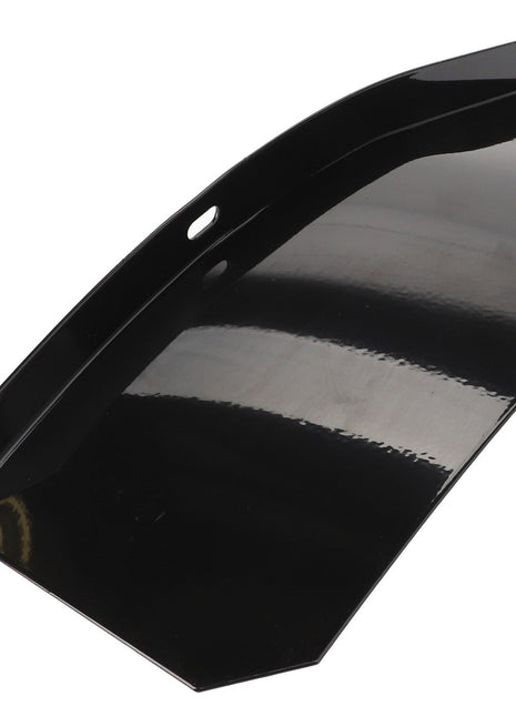 Introducing the AGCO | DEFLECTOR - D49060035, a durable black metal snow thrower extension cover by AGCO, equipped with pre-drilled mounting holes for easy installation.