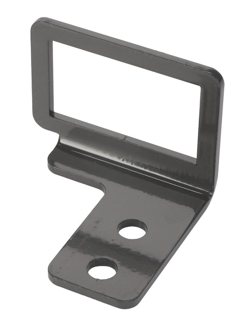 The AGCO | Connector Bracket - Acw2069890 is a metal L-shaped bracket featuring two mounting holes and a precisely cut rectangular opening.