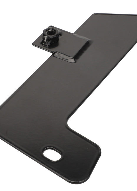 The AGCO | Plate - Acp0493810, a black metal L-bracket from AGCO, features a small square mount and a circular hole at one end.