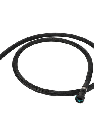 The AGCO Coolant Hose - Acw2345530, from the renowned brand AGCO, is coiled in black and showcases a vibrant green and black connector on one end, with a plain black finish on the other.