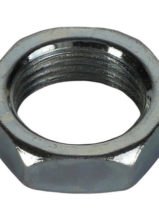 Close-up of the AGCO | Nut - Acp0297580, a meticulously crafted hexagonal metal nut with an inner threaded hole, designed by AGCO for superior fastening when paired with a precision bolt.