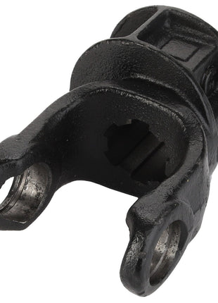 The AGCO YOKE - D45634200 is a black metal universal joint yoke with a U-shaped opening and two holes, designed for mechanical connections.