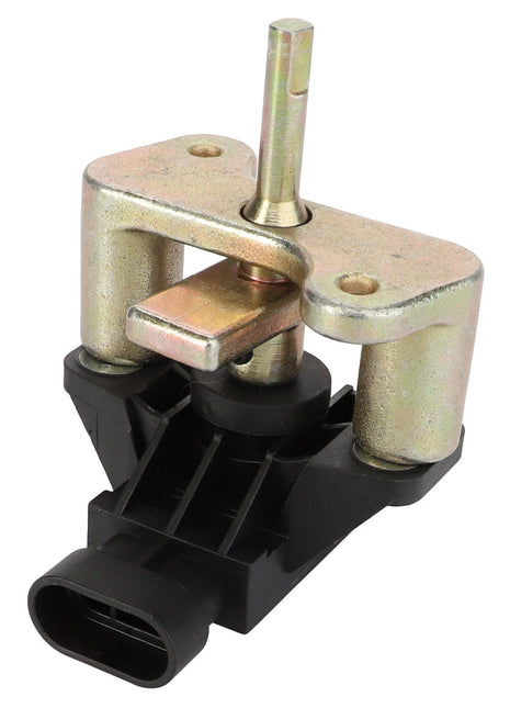 Presenting the AGCO | ACTUATOR - ACY1580960, a sophisticated metallic automotive sensor connector featuring a black plastic base and an electrical plug at the bottom. This product seamlessly integrates into your vehicle's system for optimal performance.