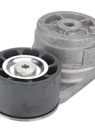 The AGCO Tensioner Pulley - Acw0303190, a metal car belt tensioner featuring a cylindrical pulley and connector component, is depicted against a white background. No current product description information is available.