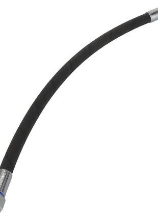 The AGCO Hydraulic Hose - Acw1693100 is a flexible black hydraulic hose featuring metal fittings on both ends, displayed against a white background. Note that no current product description information is available.