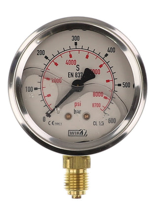 The AGCO Pressure Gauge - Act0031350 is an analog pressure gauge featuring a dual scale in psi and bar, capable of displaying up to 600 bar and 8700 psi. No current product description is available for this item.