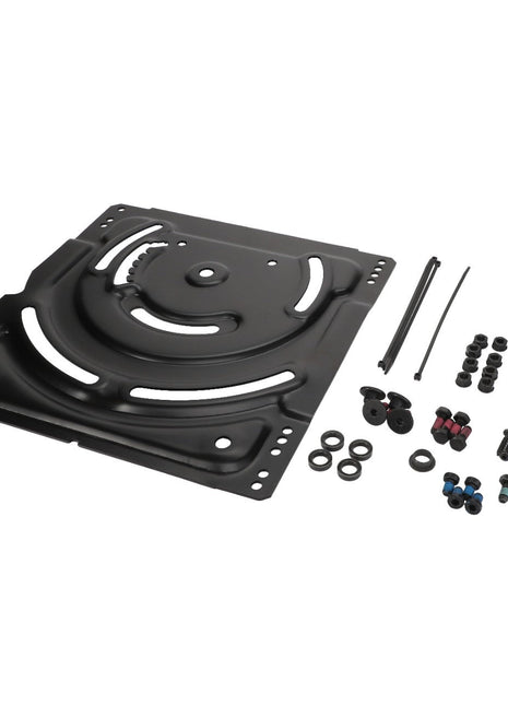 AGCO | TURN-TILT PLATE - F930500030540 with associated screws, washers, and mounting hardware meticulously arranged on a plain background.