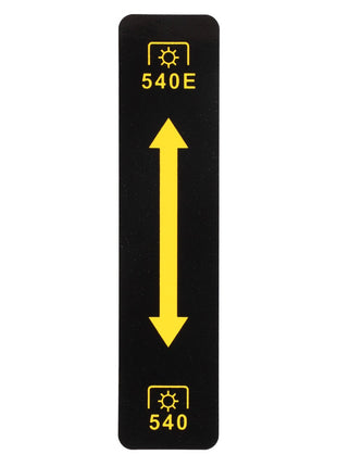 The AGCO Sticker - Acw0781460 is a black rectangular panel featuring yellow directional arrows pointing up and down. It has "540E" text at the top and "540" text at the bottom, each accompanied by gear symbols. No additional product description details are currently available.