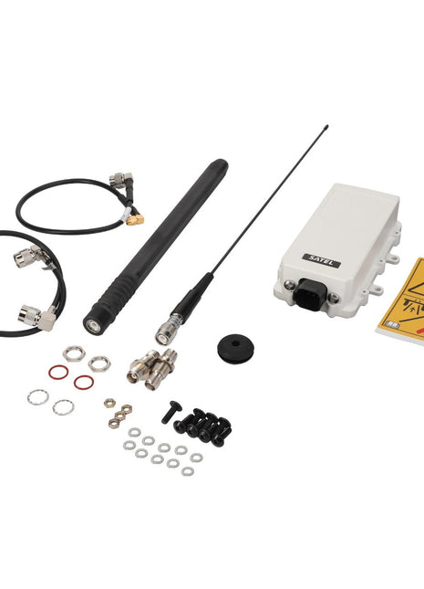 Displayed components of the AGCO | Autoguide Kit - Acw2217330 from AGCO include antennas, cables, a white control box, connectors, washers, screws, and a warning sticker. No current product description information available.