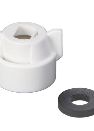 The AGCO | CAP - AG429111, a white plastic adapter featuring two protruding tabs and accompanied by a black rubber washer, is displayed against a white background. No further product description information is available at this time.