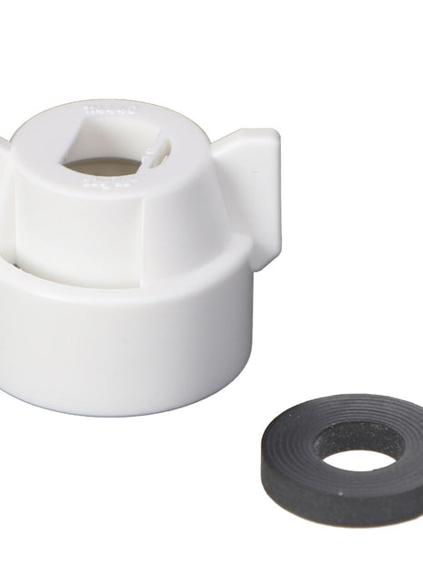 The AGCO | CAP - AG429111, a white plastic adapter featuring two protruding tabs and accompanied by a black rubber washer, is displayed against a white background. No further product description information is available at this time.