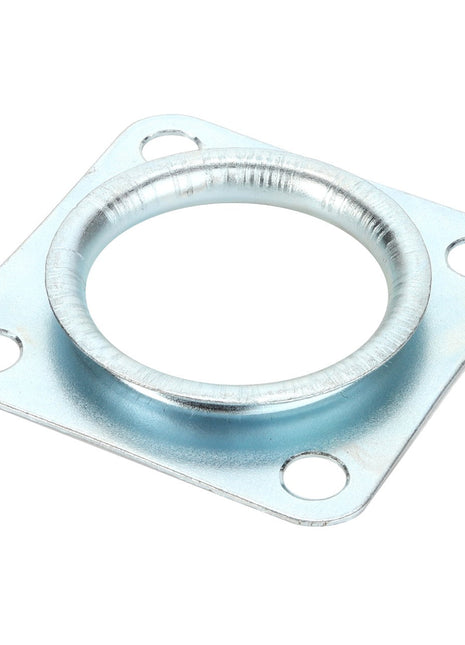 Product Description: The AGCO-SPACER - 0.008.5404.0 is a square metal flange featuring a central circular opening and four bolt holes, one at each corner, providing secure attachment points for various applications.