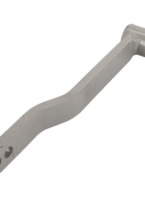 The AGCO | LEVER - V30516820 by AGCO is a metal lever arm equipped with a cylindrical attachment point on one end and two notches on the other. This lever features a subtle bend in the middle, enhancing both its functionality and design.