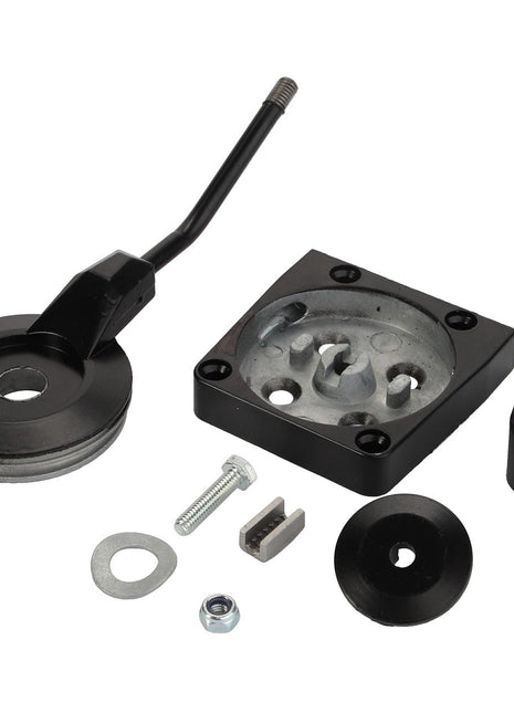 A disassembled AGCO LEVER - D46415200 door closer mechanism with various metallic and plastic components, including a lever arm, mounting plate, screws, washers, and a black cap. No current product description information is available.