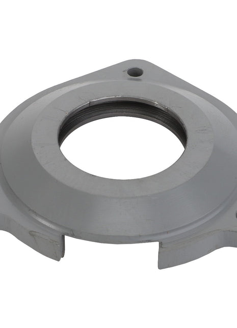 Introducing the AGCO BEARING CAP - D26736035, a metal flange featuring a circular central hole and three outer mounting holes, specifically designed for mechanical or plumbing applications.