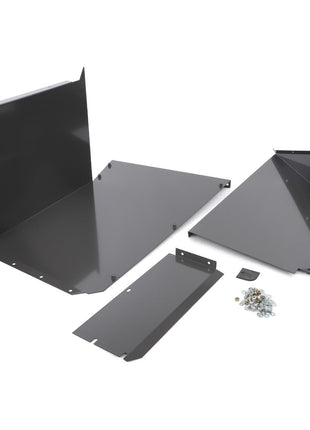 The AGCO Inner Protection Of Grain Tank Unloading - Acw1517680, featuring a set of black metal panels and various hardware pieces, is laid out on a white background, presumably for assembly purposes.