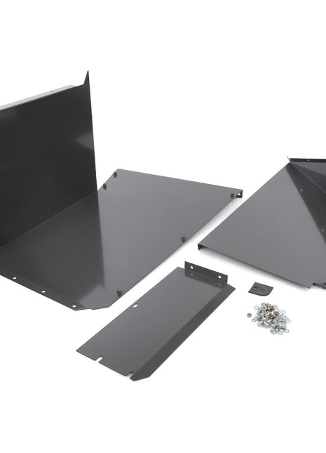 The AGCO Inner Protection Of Grain Tank Unloading - Acw1517680, featuring a set of black metal panels and various hardware pieces, is laid out on a white background, presumably for assembly purposes.