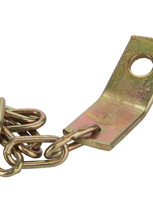 The AGCO Chain - La321944550 by AGCO is securely fastened to a flat, angled metal bracket, which features a conveniently placed hole at one end.