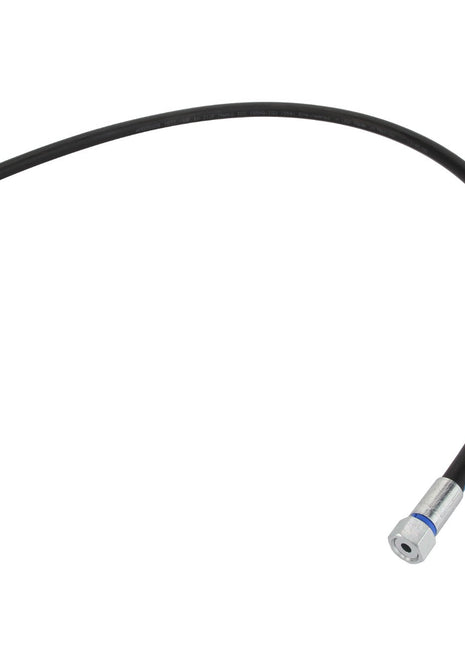 The AGCO Hose - Acw3789070 is a flexible black hydraulic hose with metal fittings at both ends, elegantly curved in an arch shape over a pristine white background.