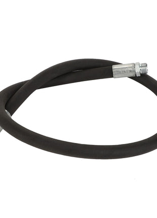 The AGCO | Hydraulic Hose - Acw1391450, a coiled black rubber hose with metal fittings at both ends, is specially designed for hydraulic applications and built to withstand extreme temperatures.