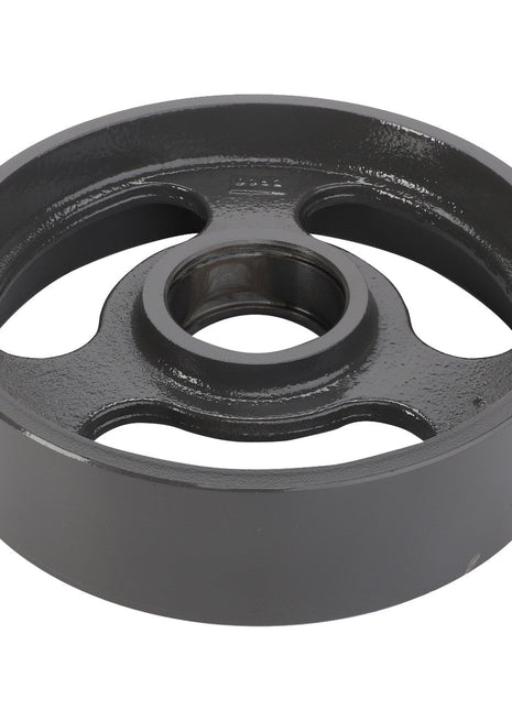 Introducing the AGCO Idler Pulley - La320653650: a black metal pulley by AGCO featuring four spokes, a central opening, and a slightly reflective surface.