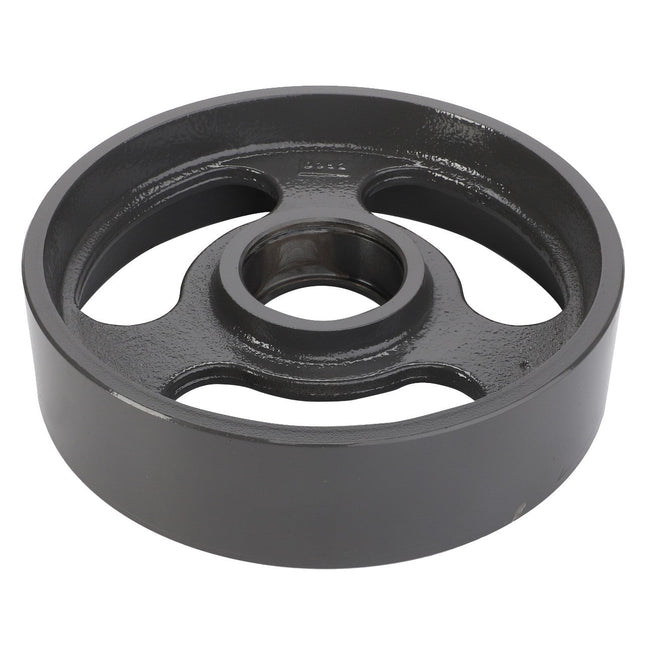 Introducing the AGCO Idler Pulley - La320653650: a black metal pulley by AGCO featuring four spokes, a central opening, and a slightly reflective surface.