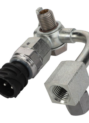 The AGCO | Fuel Line - F340200060190, featuring a black plastic connector and a bent metal tube with hexagonal fittings, is commonly found in machinery like the Fendt Vario SCR.