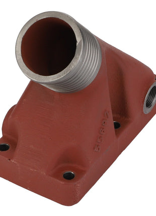 The AGCO Water Pipe - Acw6184560 by AGCO is a sturdy red metal fitting with a threaded, angled opening and three strategically placed bolt holes for secure attachment.