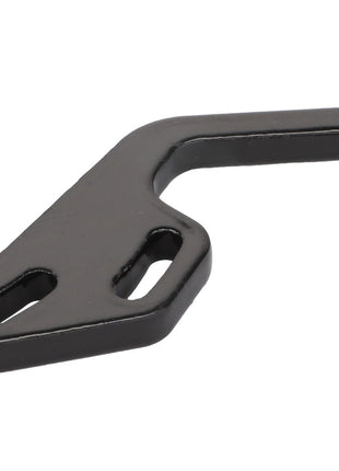 Introducing the AGCO | Sheet - Acw923128A, a sleek black metal component designed with a hook-like shape and two elongated holes for secure fastening.