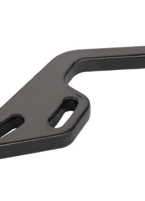 Introducing the AGCO | Sheet - Acw923128A, a sleek black metal component designed with a hook-like shape and two elongated holes for secure fastening.