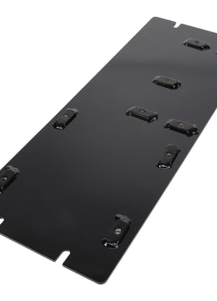 The AGCO | MOUNTING PLATE - AG423671 by AGCO is a rectangular black metal plate equipped with multiple small mounting brackets and slots along its edges, providing versatile installation options.