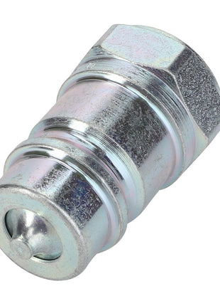 A close-up image of the AGCO | FEMALE COUPLER - D45135300, a metallic hydraulic quick-release coupler featuring a hexagonal nut and an intricate circular valve mechanism.