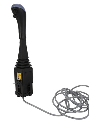 Image of an AGCO Two Button Joystick Handle, MK3 - AL5020346 in black with a long, coiled gray cable attached.