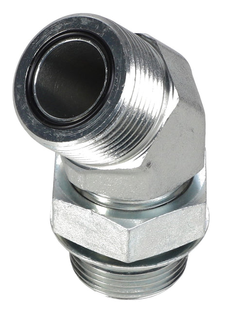 The AGCO | ELBOW FITTING - CH148-8355 is a 45-degree metallic pipe fitting with a threaded male connection on both ends, featuring a hexagonal nut in the center and designed for a secure Male O-ring 45° seal.