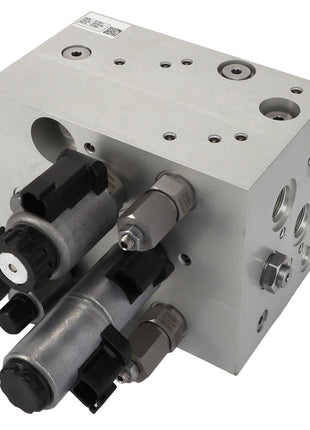 Introducing the AGCO Manifold - Acw7613180, a rectangular metal hydraulic manifold block designed with various ports, valves, and fittings. Further product description information will be provided soon.