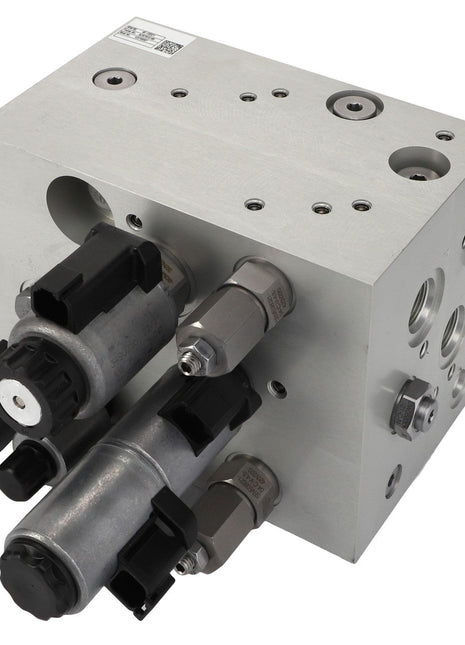 Introducing the AGCO Manifold - Acw7613180, a rectangular metal hydraulic manifold block designed with various ports, valves, and fittings. Further product description information will be provided soon.