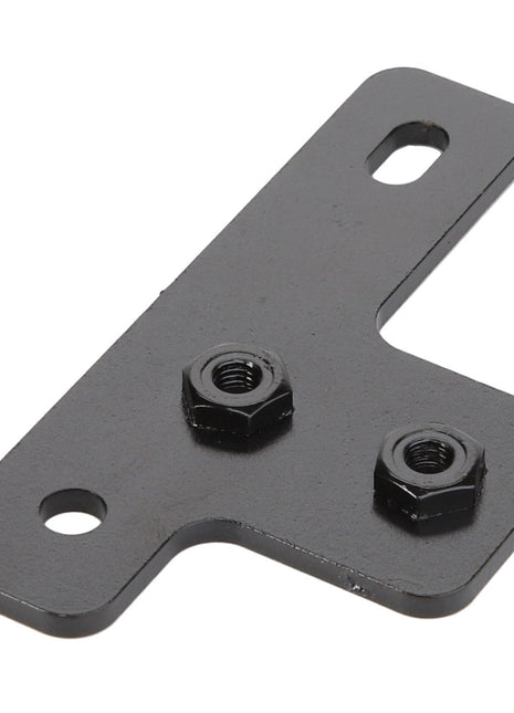 Introducing the AGCO Bracket - Acw2069900, a black metal mounting bracket equipped with two hex nuts and three pre-drilled holes. No current product description information available.