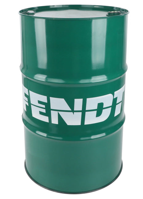 A green metal barrel, branded with "FENDT" in prominent white lettering, specifically designed for heavy-duty diesel engine oil: AGCO | Fendt Premium Extra Grade 10W-40 205L - Fx991500447.