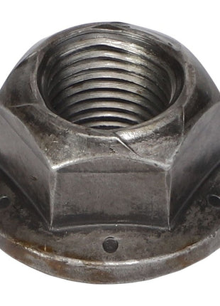 Close-up of the AGCO | HEX FLANGE NUT - AG606489 with an integrated washer, showing internal threading and six sides. No current product description information is available.