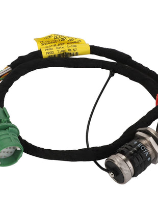 The AGCO | Auto-Guide Wire Harness - Acw215610A is a coiled automotive wiring harness with multi-colored wires, encased in a black protective sleeve, featuring a green connector on one end and a black connector on the other end.