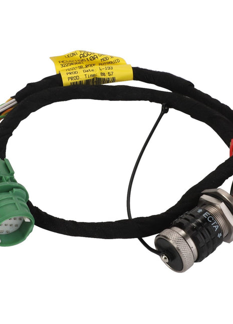 The AGCO | Auto-Guide Wire Harness - Acw215610A is a coiled automotive wiring harness with multi-colored wires, encased in a black protective sleeve, featuring a green connector on one end and a black connector on the other end.