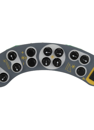 The AGCO | CONTROL PANEL - D28984035 by AGCO features a curved control panel designed with multiple round buttons and a toggle switch, showcasing various symbols and icons in white and yellow against a gray background.