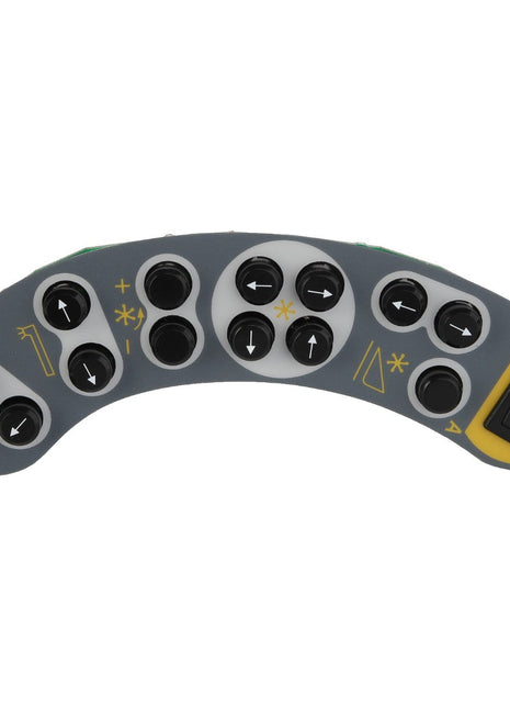 The AGCO | CONTROL PANEL - D28984035 by AGCO features a curved control panel designed with multiple round buttons and a toggle switch, showcasing various symbols and icons in white and yellow against a gray background.