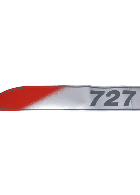 A metallic AGCO badge with a gradient from red to silver, featuring the number "727" in bold black text. For inquiries about ordering the AGCO DECAL, MODEL, RIGHT HAND - ACP0363070, please contact our support team.